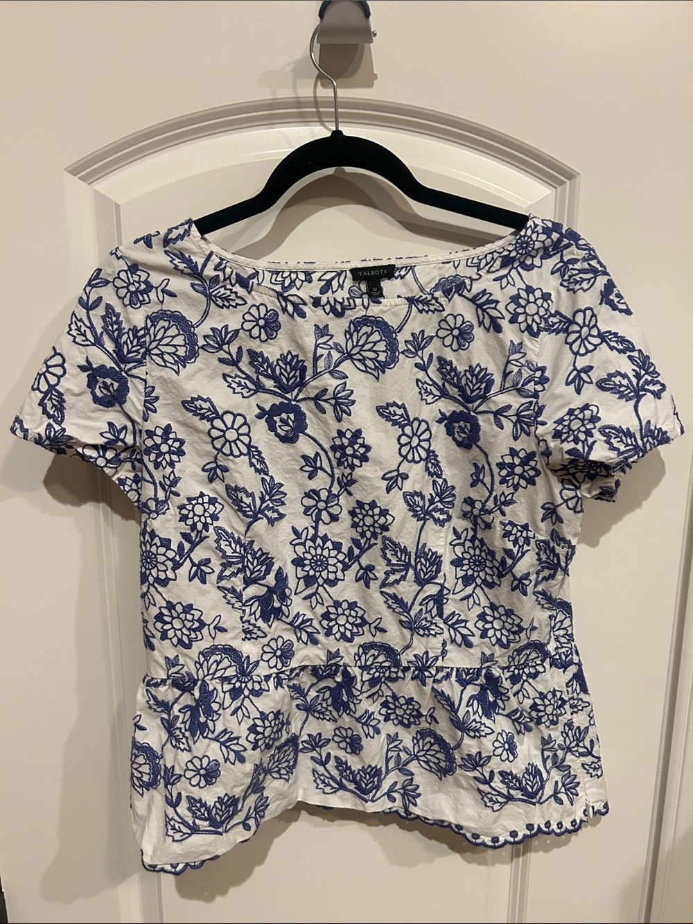 Talbots White Top with Blue Floral Embroidery Peplum
